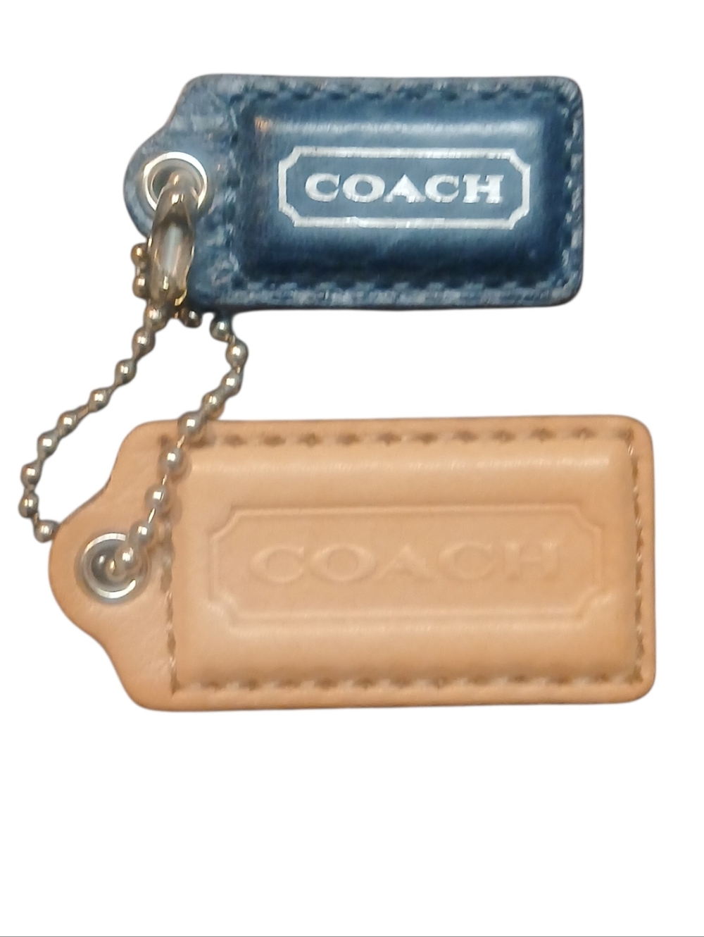 Coach - 2 Leather Tag Set, 1-Blue Marble & 1- Tan Hanging Tags,